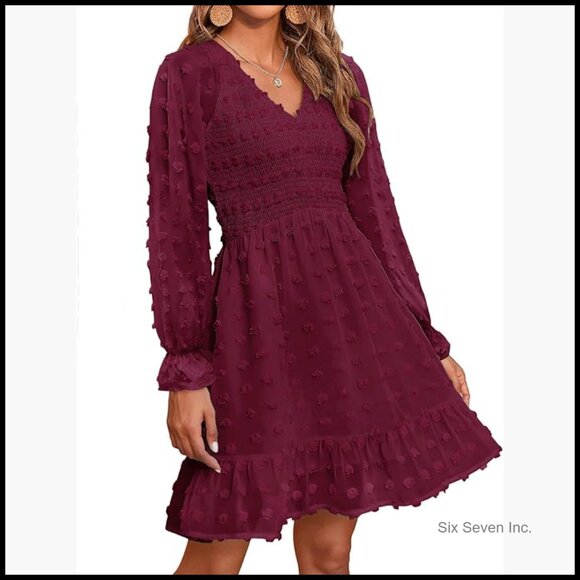 Long Sleeve V Neck Swiss Dot Smocked Ruffle Chiffon Flowy Mini Dress